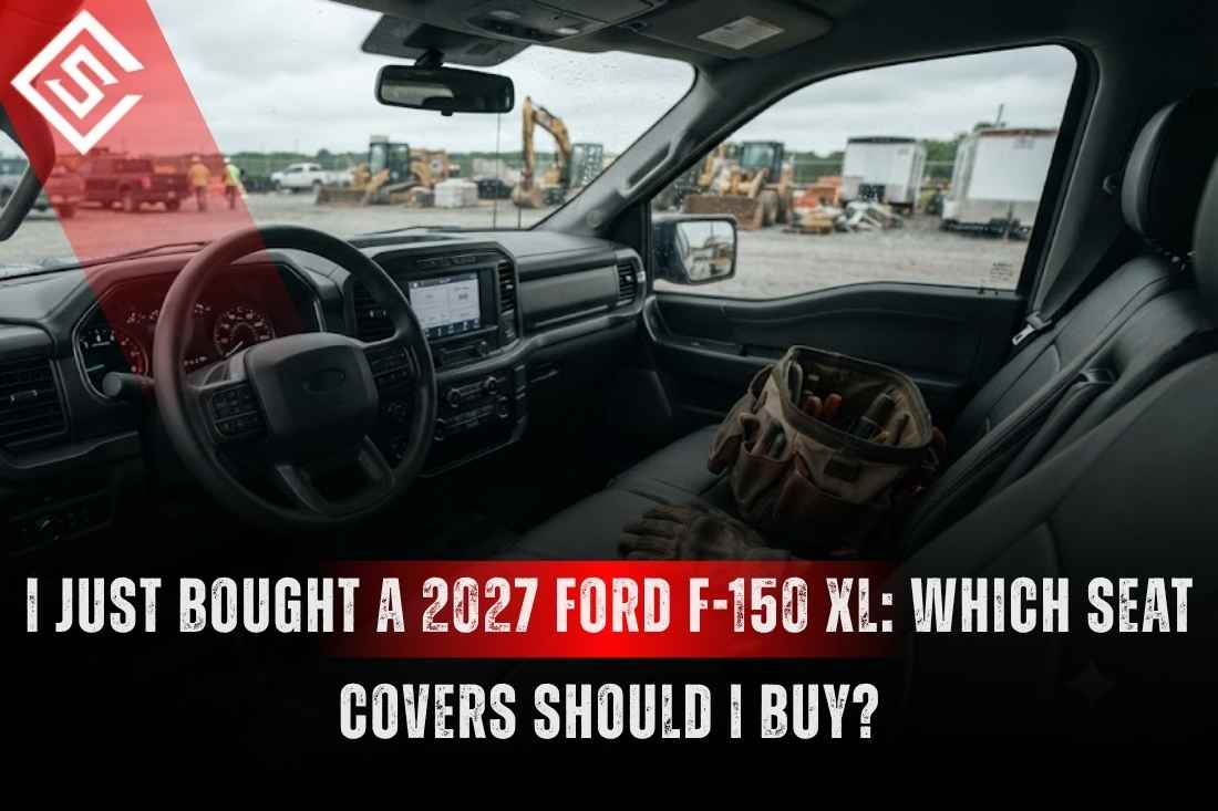 2027 Ford F-150 XL interior at a job site with factory cloth seats before installing custom eco-leather seat covers.