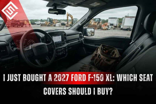 2027 Ford F-150 XL interior at a job site with factory cloth seats before installing custom eco-leather seat covers.