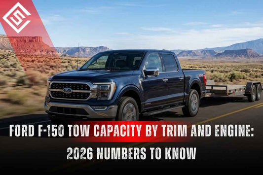 2026 Ford F-150 parked in desert landscape, highlighting Ford F-150 tow capacity by engine, trim and towing setup.