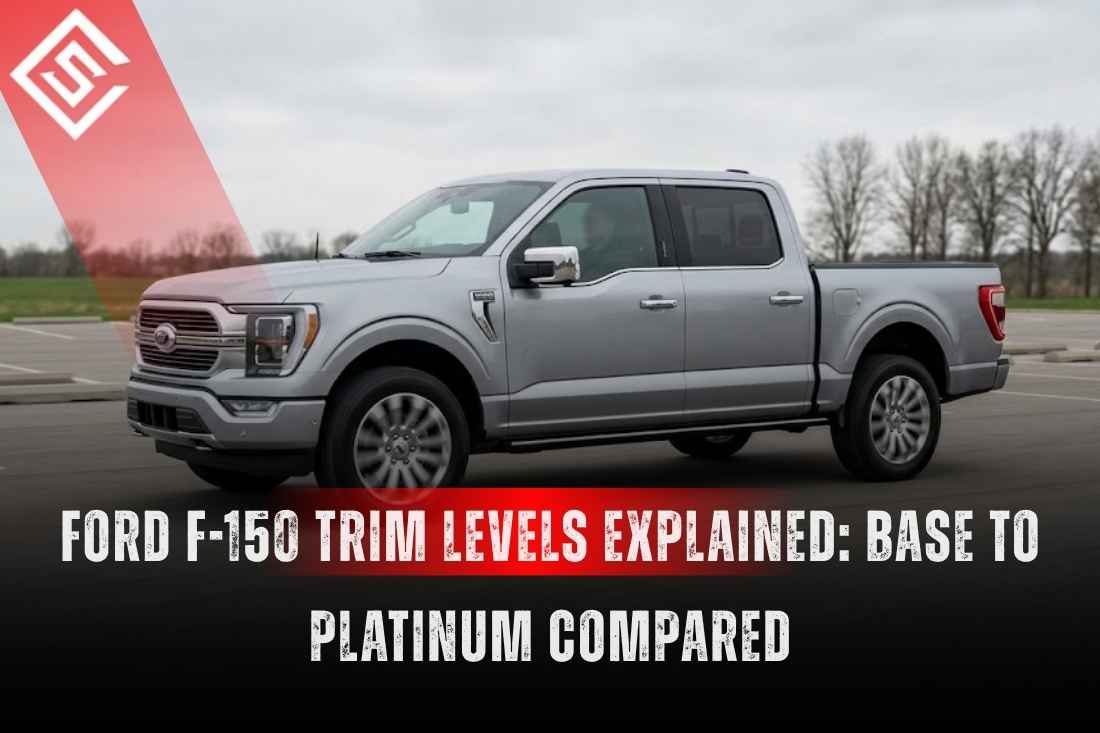 2026 Ford F-150 trim levels comparison showing a silver crew cab truck, from XL and XLT to Lariat, Platinum, and Raptor.