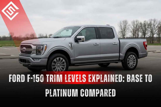 2026 Ford F-150 trim levels comparison showing a silver crew cab truck, from XL and XLT to Lariat, Platinum, and Raptor.