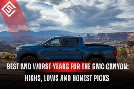 Blue GMC Canyon parked beside canyon cliffs, representing the best and worst GMC Canyon years for truck buyers.
