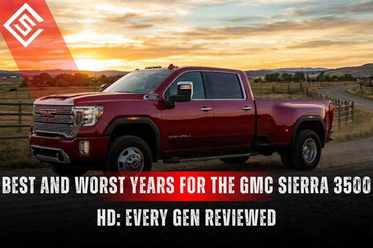 Red GMC Sierra 3500 HD Denali dually at sunset featured in a guide to the best and worst Sierra 3500 HD years.