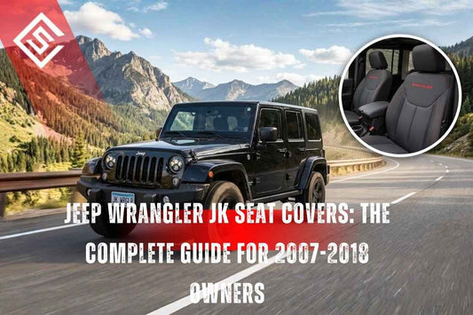 Black Jeep Wrangler JK driving on mountain road with custom seat cover inset for 2007–2018 buyer guide owners overview.