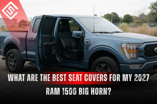 2027 Ram 1500 Big Horn with open doors showcasing custom eco-leather seat covers designed for factory-style fit and protection.