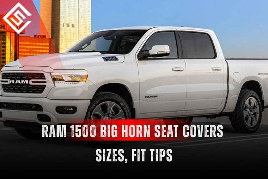 White Ram 1500 Big Horn truck promoting seat covers with sizing and fit tips for a cleaner, protected interior.