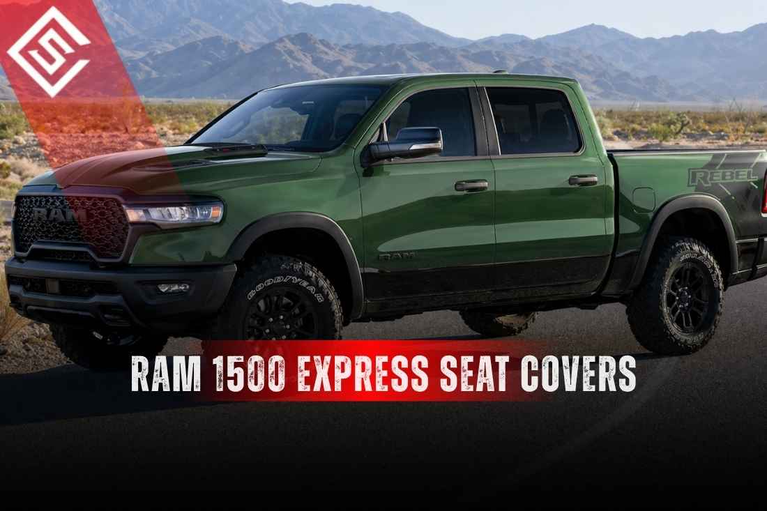 Green Ram 1500 Express truck with text highlighting custom seat covers for practical interior protection and fit.