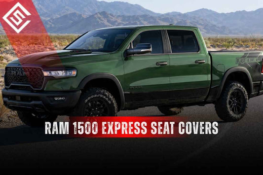 Green Ram 1500 Express truck with text highlighting custom seat covers for practical interior protection and fit.