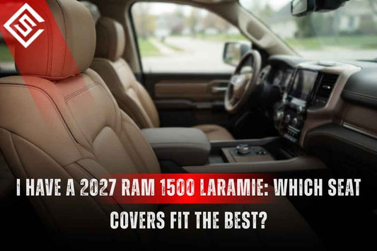 2027 Ram 1500 Laramie interior with leather seats, highlighting the contoured fit needed for custom-style seat covers.