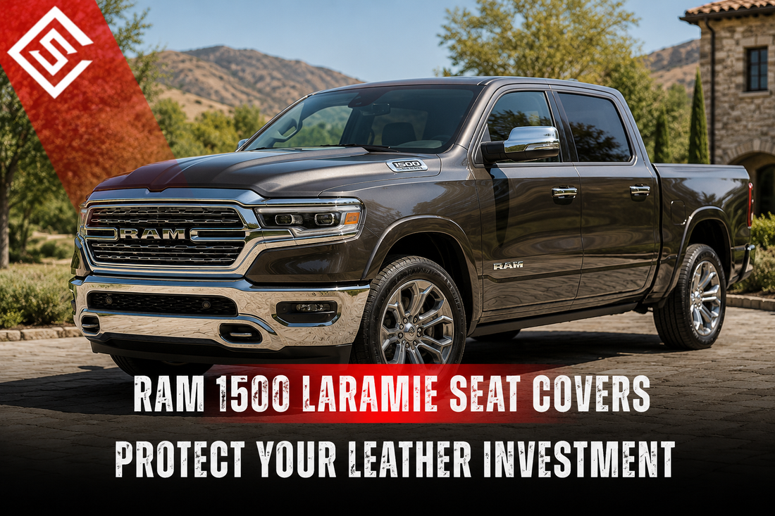 Ram 1500 Laramie pickup showcasing premium leather interior protection with custom seat covers for long-term durability.