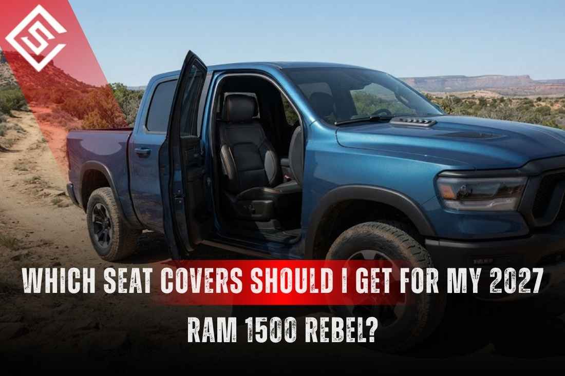 Blue 2027 Ram 1500 Rebel with its door open, showing bucket seats suited for custom eco-leather seat cover protection.
