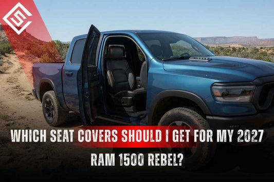 Blue 2027 Ram 1500 Rebel with its door open, showing bucket seats suited for custom eco-leather seat cover protection.