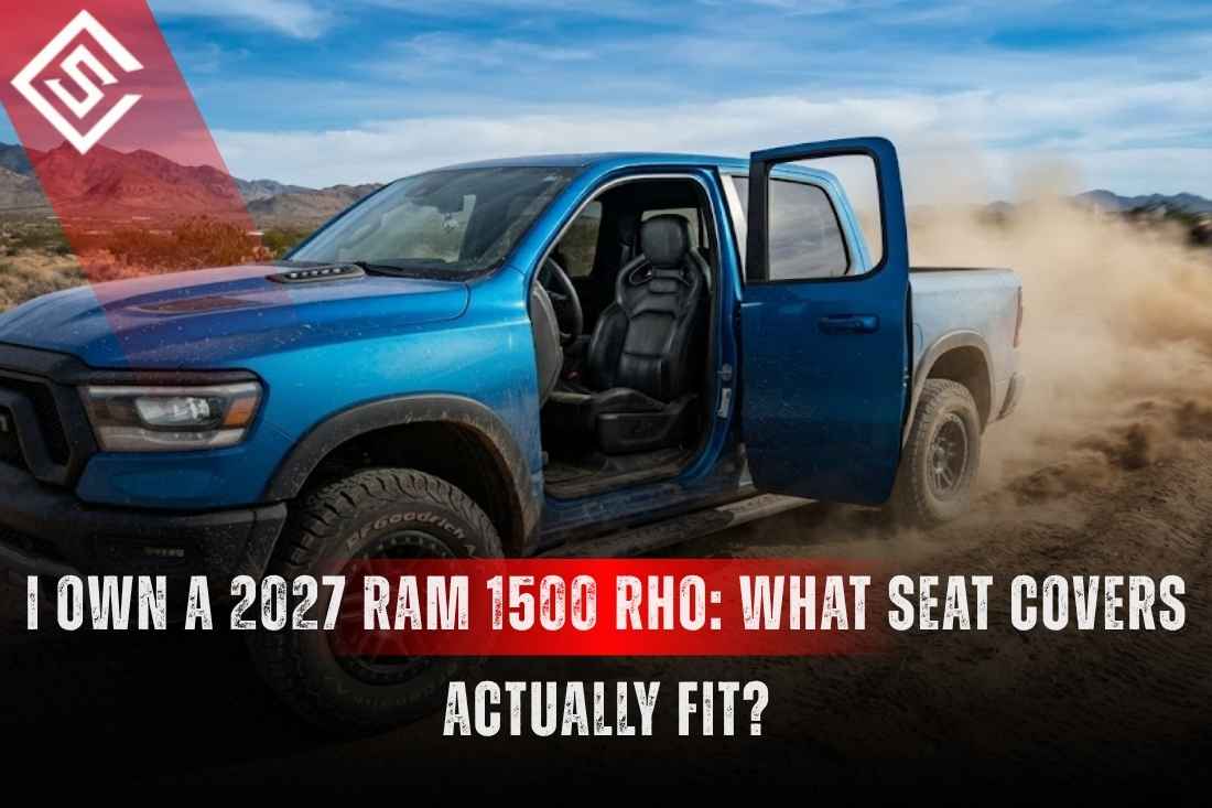 Blue 2027 Ram 1500 RHO kicking up dust with its bucket seat visible, highlighting the need for secure-fitting seat covers.