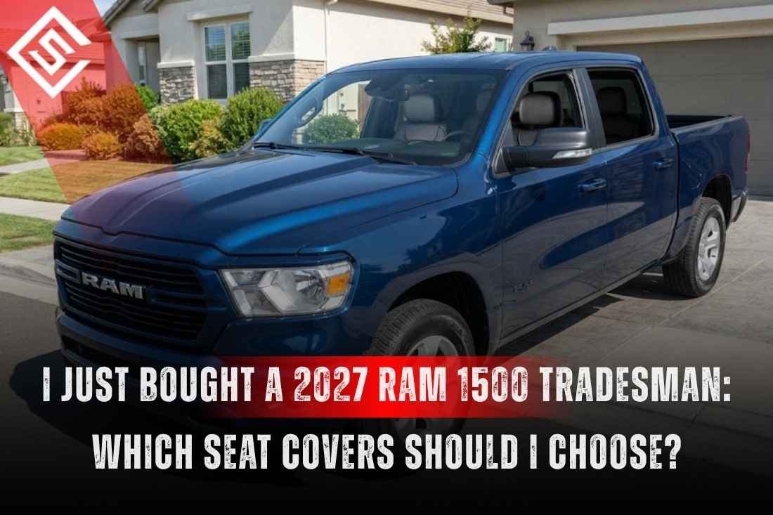 Blue 2027 Ram 1500 Tradesman parked outside a home, highlighting custom-fit eco-leather seat cover options for work use.