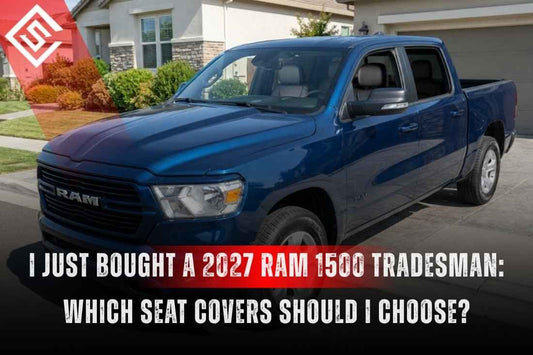 Blue 2027 Ram 1500 Tradesman parked outside a home, highlighting custom-fit eco-leather seat cover options for work use.