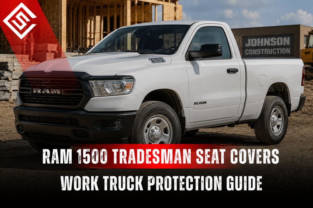 Ram 1500 Tradesman work truck at job site with seat cover guide text for durable work-truck interior protection.