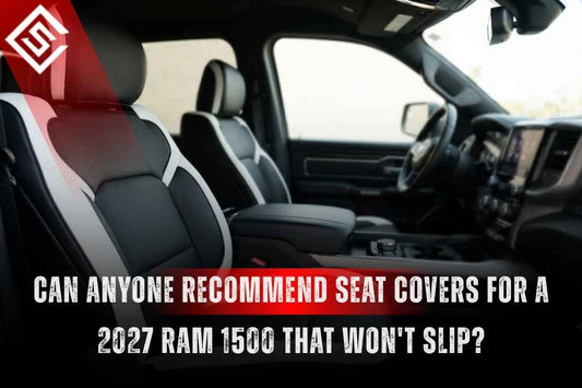 Black and gray non-slip seat covers fitted inside a 2027 Ram 1500, highlighting a secure fit designed to prevent sliding.
