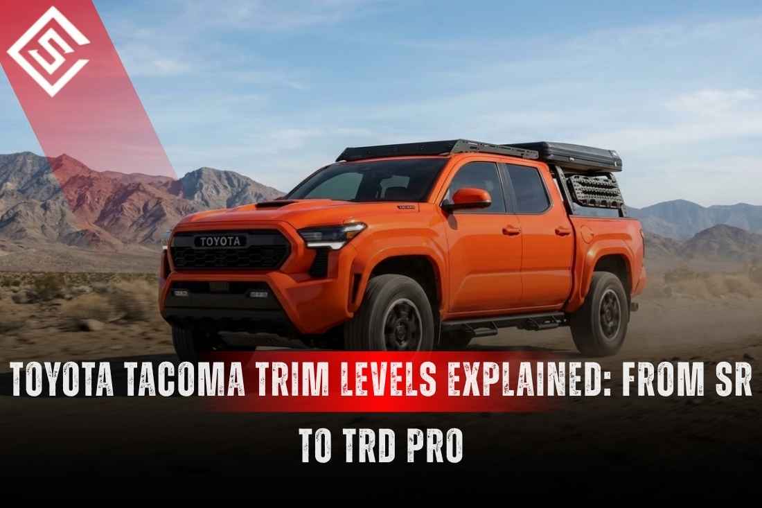 Orange 2026 Toyota Tacoma TRD Pro on desert trail, highlighting Toyota Tacoma trim levels from SR to off-road builds.