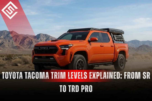 Orange 2026 Toyota Tacoma TRD Pro on desert trail, highlighting Toyota Tacoma trim levels from SR to off-road builds.