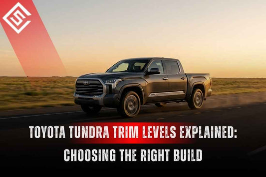 2026 Toyota Tundra on open road with trim levels guide theme for choosing the right truck build and seat protection.